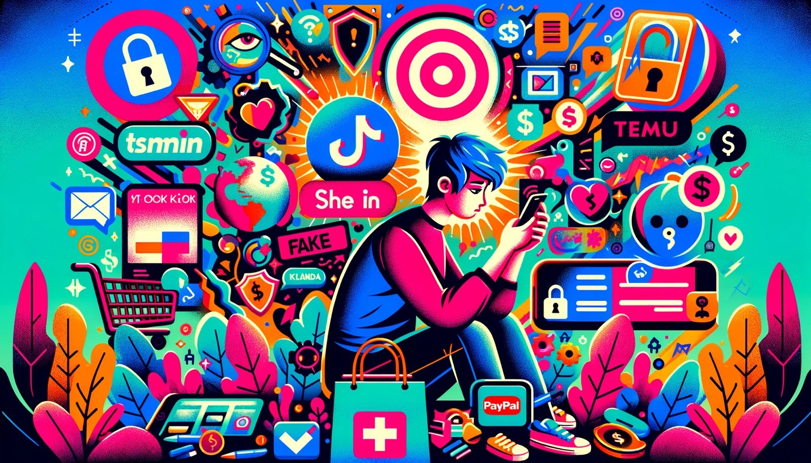 A young person using TikTok on their phone, surrounded by various icons and symbols. Image generated by Dall-E